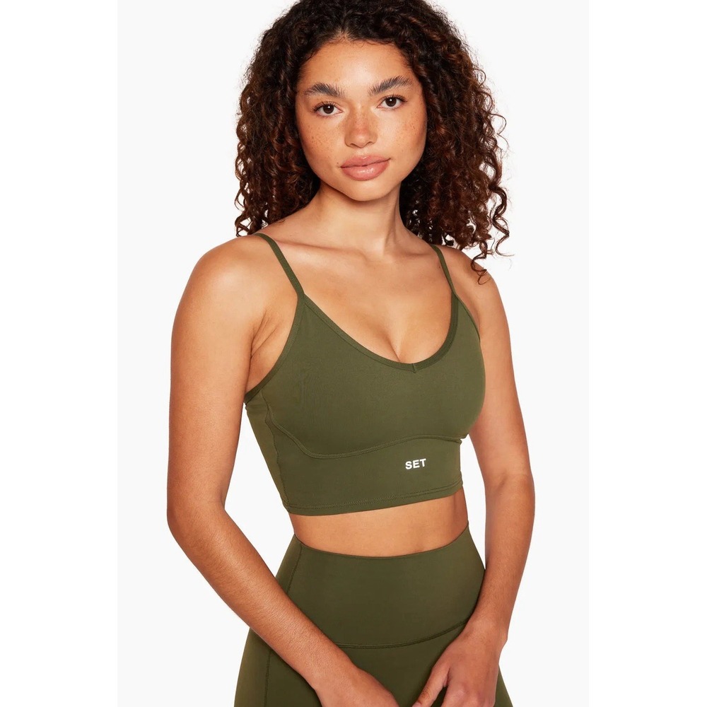 SET Active Womens V Bra Cami Green Sporty Athleisure Size L Large EUC